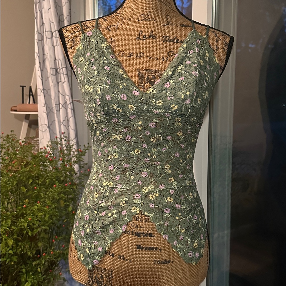 PINK Victoria's Secret Green Floral Lace Top